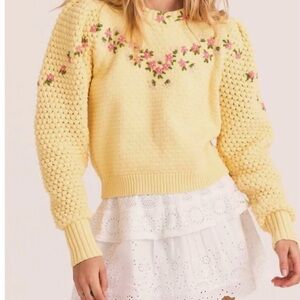 Love Shack Fancy - Kenzly Pullover in Mellow Yellow Embroidered Flower Sweater